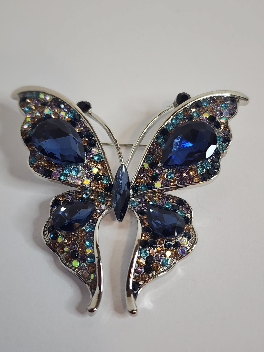 Butterfly Brooch in Deep Sapphire Blue, Colored Accents. NWOT.  2.25" X 2.25"
